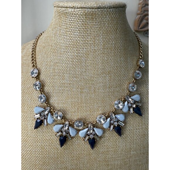 J. Crew Statement Necklace With Clear White & Navy Gemstone Accents On Gold-Tone - Picture 1 of 8